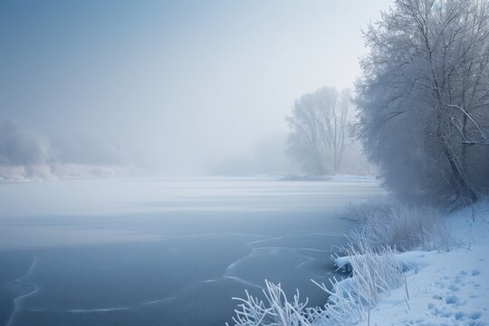 A photograph capturing a body of water surrounded by trees covered in a blanket of snow, A dense winter fog over a frozen lake, AI Generated