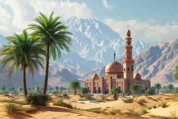 A detailed painting featuring a desert landscape with palm trees under a bright sky, A desert oasis with a traditional Arab mosque, AI Generated