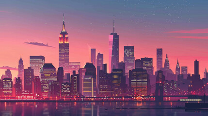 illustration city skyline at sunset in pink - obrazy, fototapety, plakaty