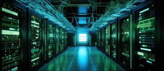 An expansive corridor hosting multiple rows of server units in a sophisticated data storage facility