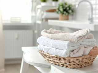 Fresh laundry on white wooden table in the bathroom, Copy space for text  - Powered by Adobe