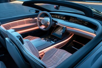 An image showing the inside of a car with a tablet mounted on the dashboard, displaying information and controls, A detailed interior design of a luxury electric car, AI Generated - obrazy, fototapety, plakaty