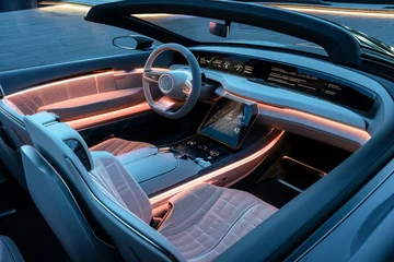 Foto op Plexiglas An image showing the inside of a car with a tablet mounted on the dashboard, displaying information and controls, A detailed interior design of a luxury electric car, AI Generated © Ifti Digital