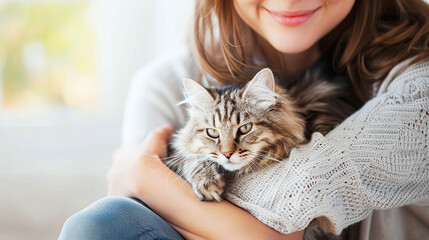 Close-up of a woman holding a cat in her arms