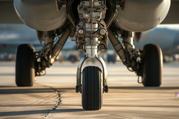 A detailed view of a jet engine up close, positioned on a runway, A detailed view of the landing gear of a fighter aircraft, AI Generated