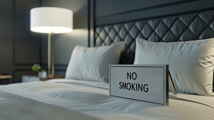 the emphasis on health and comfort with a close-up shot of a NO SMOKING sign placed on a pristine white bed in a hotel room