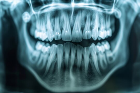 This x-ray image captures a smiling mouth, revealing the teeth in a clear and detailed manner, A detailed view of human teeth X-ray film, AI Generated