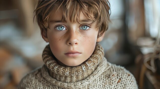 A detailed close-up of a boy in a textured, knitted sweater, his gaze reflective and mature, set in a cozy indoor setting Captured in 16k, realistic, full ultra HD, high resolution
