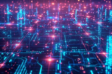 Obraz premium Multicolored Lights Illuminate Computer Circuit, A digital landscape showing interconnected computer networks, AI Generated