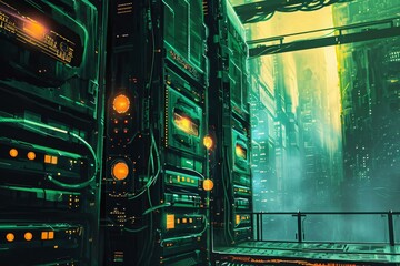 Fototapeta premium A bustling cityscape set in the future, adorned with countless green lights that create a captivating visual spectacle, A digital painting of futuristic NAS storage devices, AI Generated