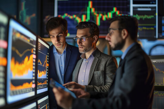Dynamic Business Trading: Three men are looking at a computer screen with graphs and numbers, Professional Finance Experts Analyzing Market Data for Profitable Investments in Modern Office Environment