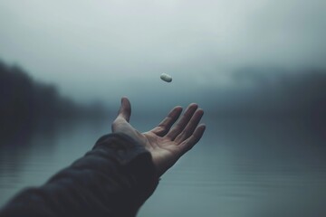 A hand reaches out towards a flying object in the sky, capturing a moment of anticipation and excitement, A distressed person reaching out for a floating opioid pill, AI Generated - obrazy, fototapety, plakaty