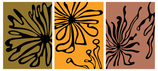 A collection of modern wall art posters with abstract floral motifs. Minimalistic organic shapes inspired by Matisse. Vector illustration for interior, paintings, postcards, tee print in hippie style.