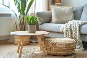 A contemporary grey sofa sits beside a stylish wicker basket, an elegant houseplant, and a minimalist wooden coffee table in the spacious living room