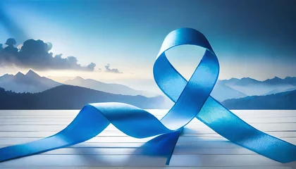 Fotobehang Ilustração de uma fita azul em fundo branco de estúdio. Prevenção ao câncer de próstata em homens. © Rmcarvalhobsb