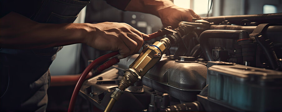 Mechanic using a ratchet wrench and reparing engine on modern car.