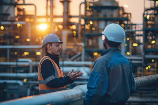 Industrial Safety and Efficiency, Two men in hard hats are talking on a bridge over a large industrial plant. Scene is serious and professional, as the men are discussing important matters related