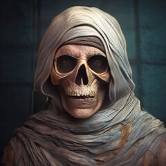 Ancient spooky mummy portrait with horror skull and spooky costume, 3D illustration.