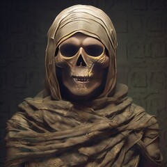 Ancient spooky mummy portrait with horror skull and spooky costume, 3D illustration.