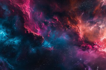 Obraz na płótnie Canvas A vibrant space scene showcasing an array of stars and clouds, A dramatic representation of interstellar medium in neon tones, AI Generated