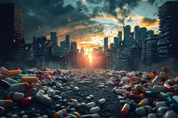 A vibrant city street packed with an overwhelming quantity of pills displayed prominently, A dramatic representation of the opioid epidemic sweeping across a city, AI Generated