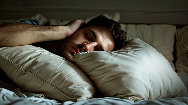 a person covers their ears to block out noisy neighbors in their home or hotel room.