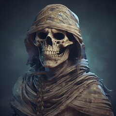 Ancient spooky mummy portrait with horror skull and spooky costume, 3D illustration.