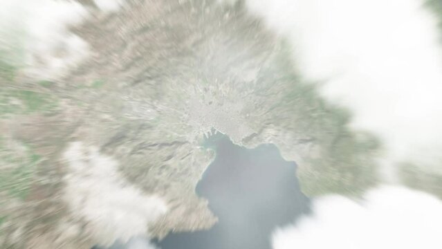 Earth zoom in from space to Volos, Greece. Followed by zoom out through clouds and atmosphere into space. Satellite view. Travel intro. Images from NASA