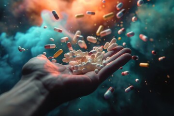 An image of a hand holding a collection of white pills, A dreamlike reality demonstrating the illusion and impact caused by opioids, AI Generated