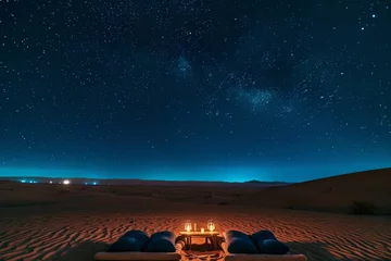 Foto op Aluminium A pair of tents stands in a barren desert, providing shelter for adventurers amidst the harsh surroundings, A dreamy star-gazing setup in the middle of a tranquil desert, AI Generated © Ifti Digital