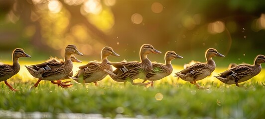 A flock of ducks is running across the grass. generative ai - obrazy, fototapety, plakaty