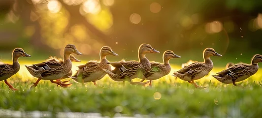 Foto op Canvas A flock of ducks is running across the grass. generative ai © Alexander Odessa 