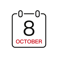 October 8 date on the calendar, vector line stroke icon for user interface. Calendar with date, vector illustration.