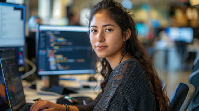 Beautiful female programmer using a laptop working in the office