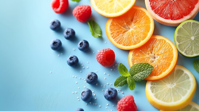 organic citrus fruits on ice, with lemon, lime, and grapefruit slices, beautifully arranged on a blue backdrop, embodying the essence of healthy, natural food.