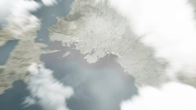 Earth zoom in from space to Pireas, Greece. Followed by zoom out through clouds and atmosphere into space. Satellite view. Travel intro. Images from NASA
