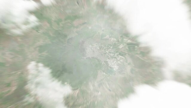 Earth zoom in from space to Shumen, Bulgaria. Followed by zoom out through clouds and atmosphere into space. Satellite view. Travel intro. Images from NASA
