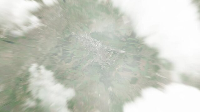 Earth zoom in from space to Pleven, Bulgaria. Followed by zoom out through clouds and atmosphere into space. Satellite view. Travel intro. Images from NASA
