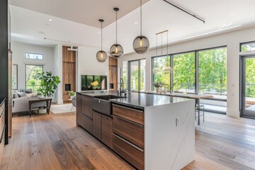 Fototapeta na wymiar Kitchen interior in beautiful new luxury home with kitchen island and wooden floor