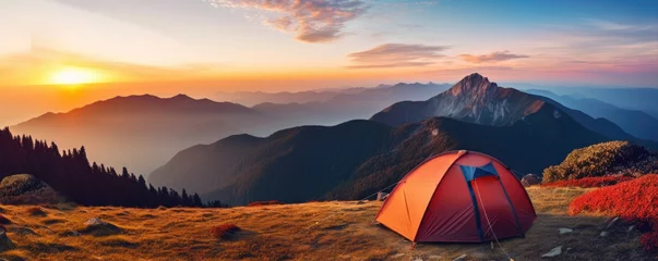 Foto op Plexiglas Camping tent at sunset light in beautiful mountains. nature camping theme © amazingfotommm