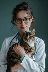 female veterinarian with a cat. Artistic Photo portrait in a veterinary clinic on an open aperture. Medicine for animals. Animal protection