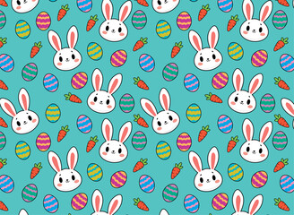 Illustrations of Easter items, with rabbit, carrot and chocolate Easter eggs pattern