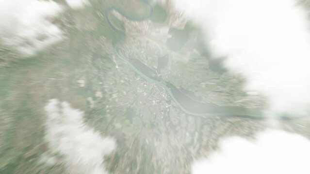 Earth zoom in from space to Brcko, Bosnia and Herzegovina. Followed by zoom out through clouds and atmosphere into space. Satellite view. Travel intro. Images from NASA