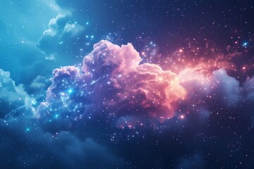 A photo showcasing a clear blue sky adorned with fluffy clouds and twinkling stars, A fantastical image of data flowing freely from NAS to cloud, AI Generated - obrazy, fototapety, plakaty