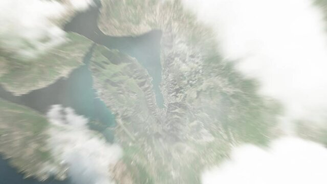 Earth zoom in from space to Dobrota, Montenegro. Followed by zoom out through clouds and atmosphere into space. Satellite view. Travel intro. Images from NASA