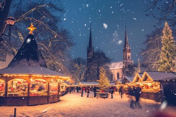 A festive Christmas market with various stalls and cheerful visitors, set against the backdrop of a charming church, A festive market illuminated in a snow-covered town square, AI Generated - obrazy, fototapety, plakaty