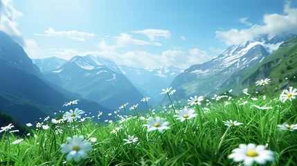Papier Peint photo Vert Panoramic view of idyllic mountain scenery with flowering meadow on a beautiful sunny day. Illustration for cover, card, postcard, interior design, banner, poster, brochure or presentation.