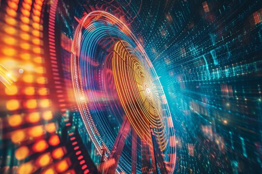 A vibrant ferris wheel adorned with colorful lights stands tall against a dark sky, A Ferris wheel created from swirling strings of binary code, AI Generated