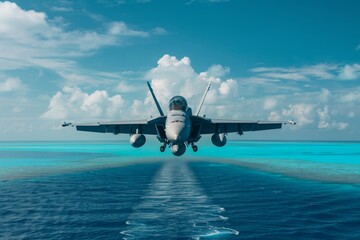 A commercial aircraft is seen soaring through the clear blue sky, with the vast ocean stretching out below, on a beautiful sunny day, A fighter aircraft flying low over an ocean, AI Generated
