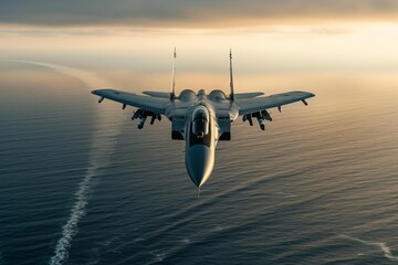 A jet flies over the ocean amidst cloudy skies, creating a captivating scene, A fighter aircraft...